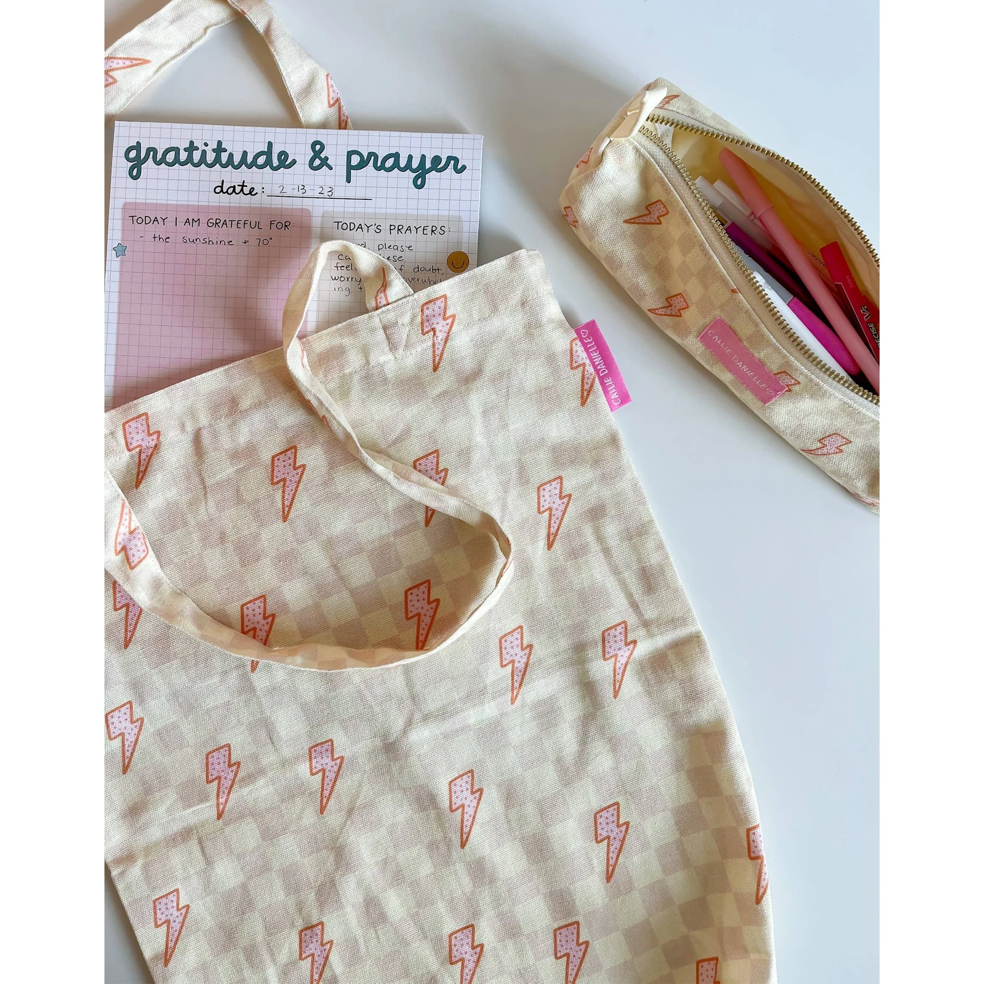 Checkerboard Lightning Bolt Tote Bag | Canvas Grocery Shopping Carryall Bag | 14" x 17" - Image 3