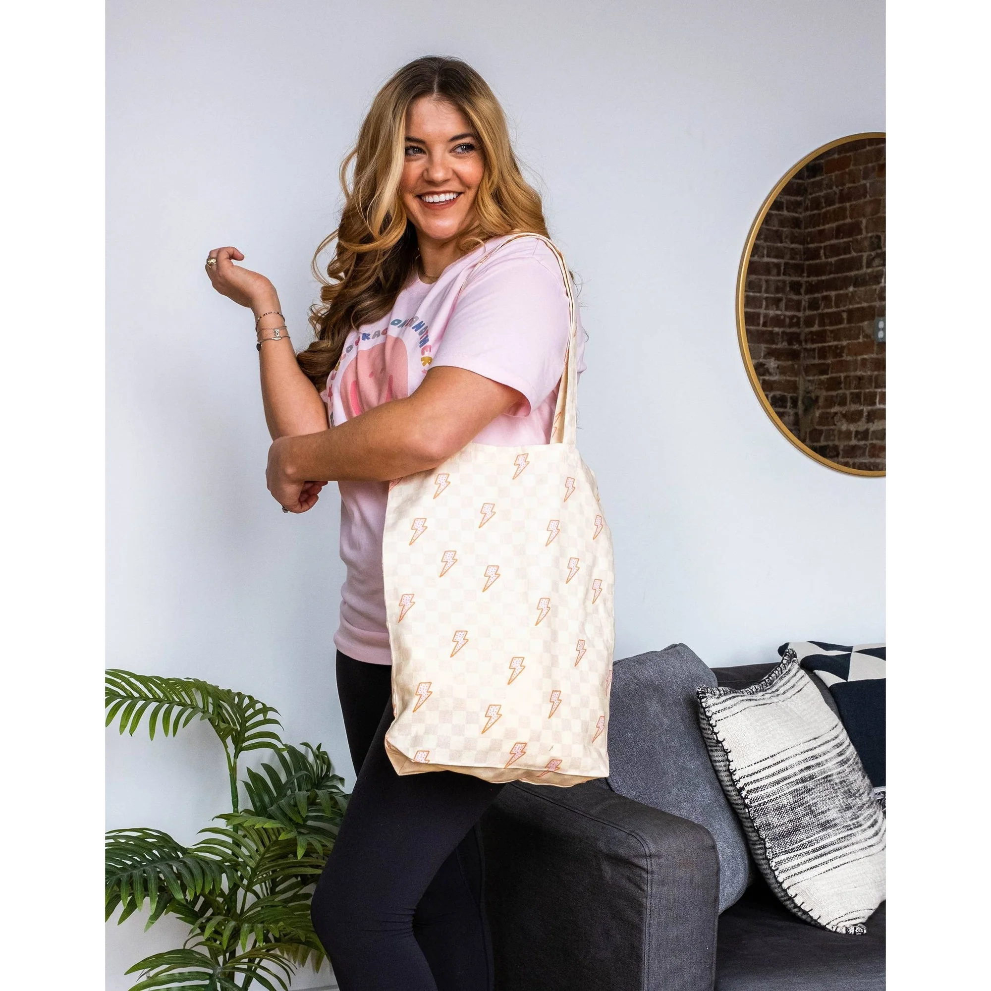 Checkerboard Lightning Bolt Tote Bag | Canvas Grocery Shopping Carryall Bag | 14" x 17" - Image 4