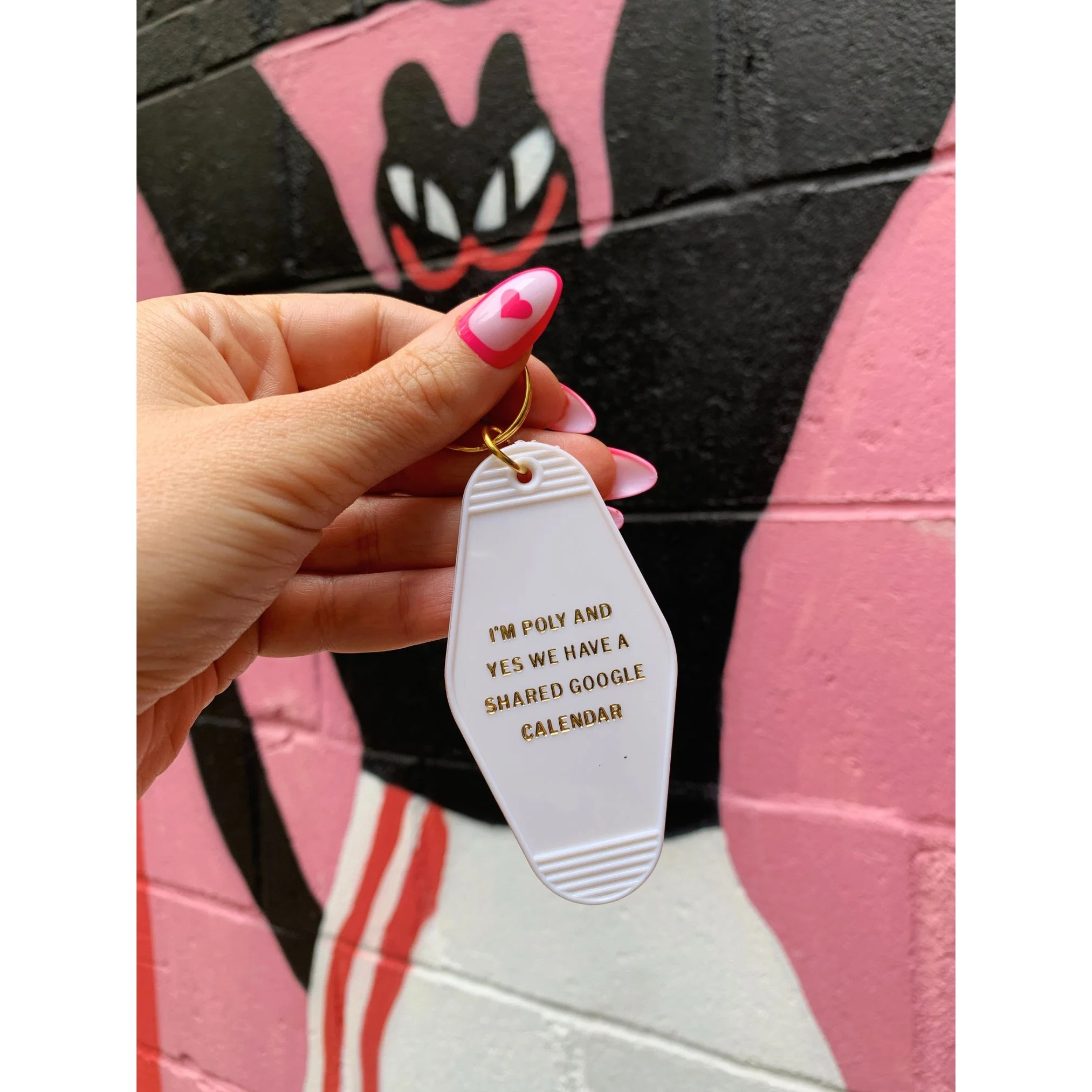 I'm Poly and Yes We Have a Shared Google Calendar Motel Style Keychain in White and Gold | Polyamory Themed Funny Key Tag - Image 3