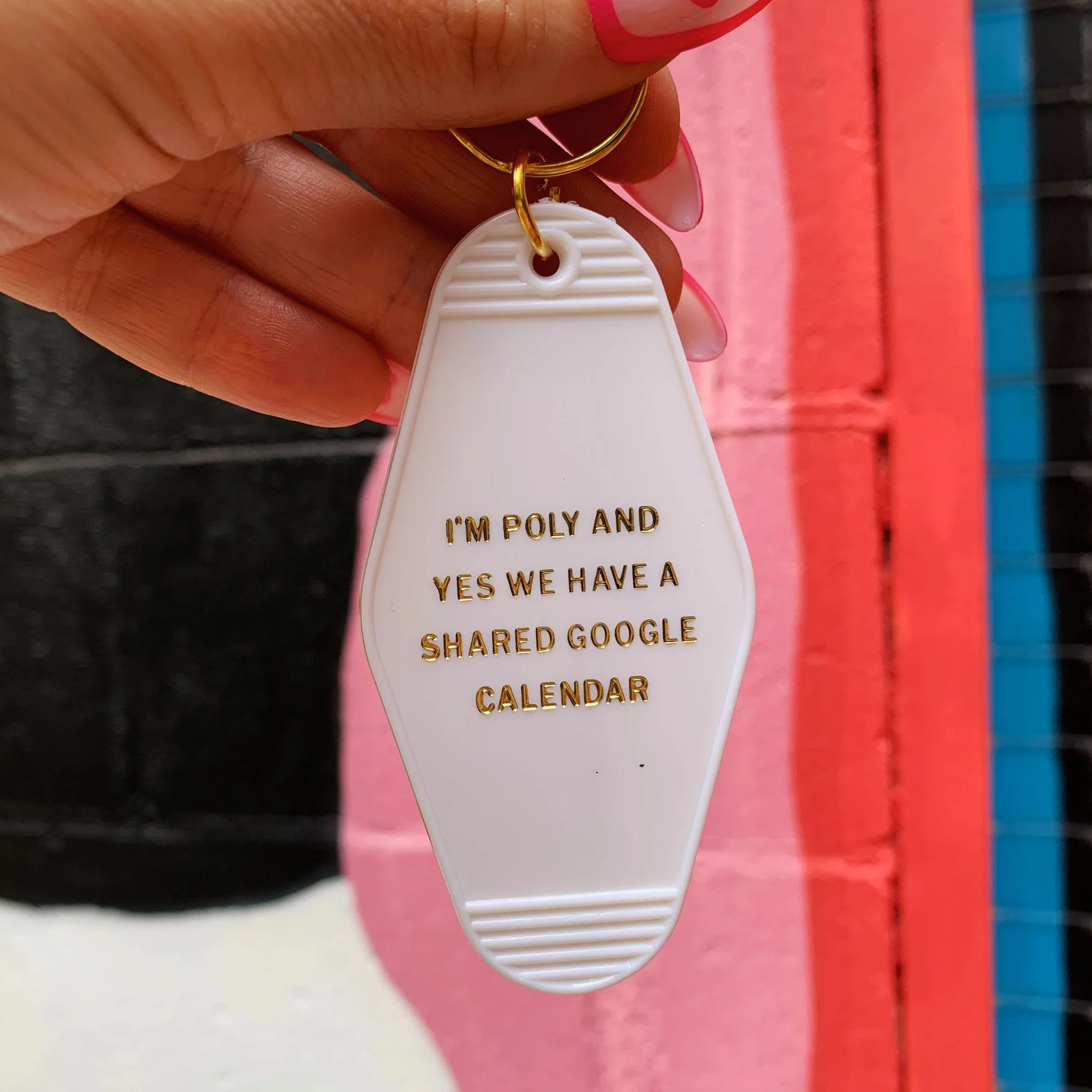 I'm Poly and Yes We Have a Shared Google Calendar Motel Style Keychain in White and Gold | Polyamory Themed Funny Key Tag - Image 4