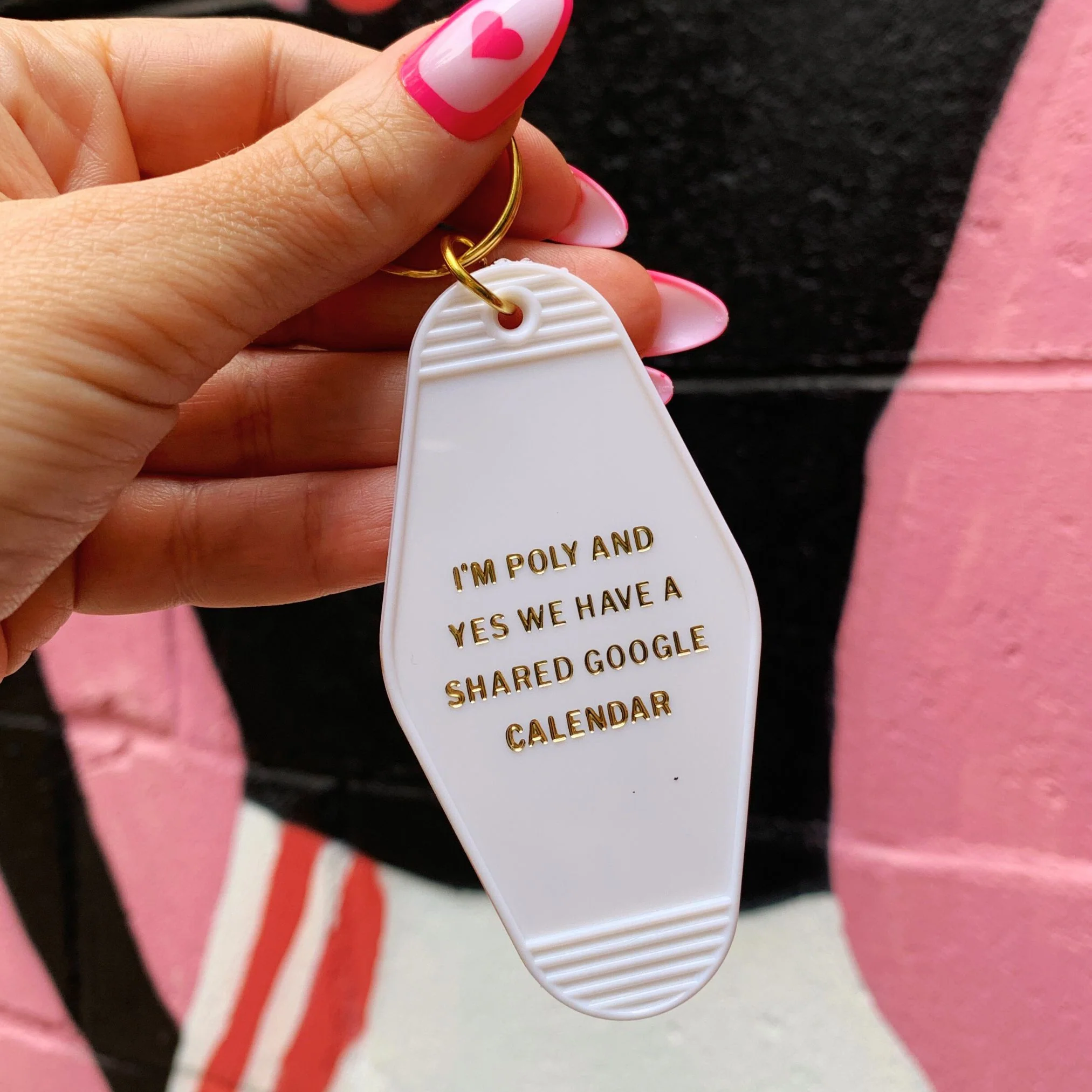I'm Poly and Yes We Have a Shared Google Calendar Motel Style Keychain in White and Gold | Polyamory Themed Funny Key Tag - Image 5