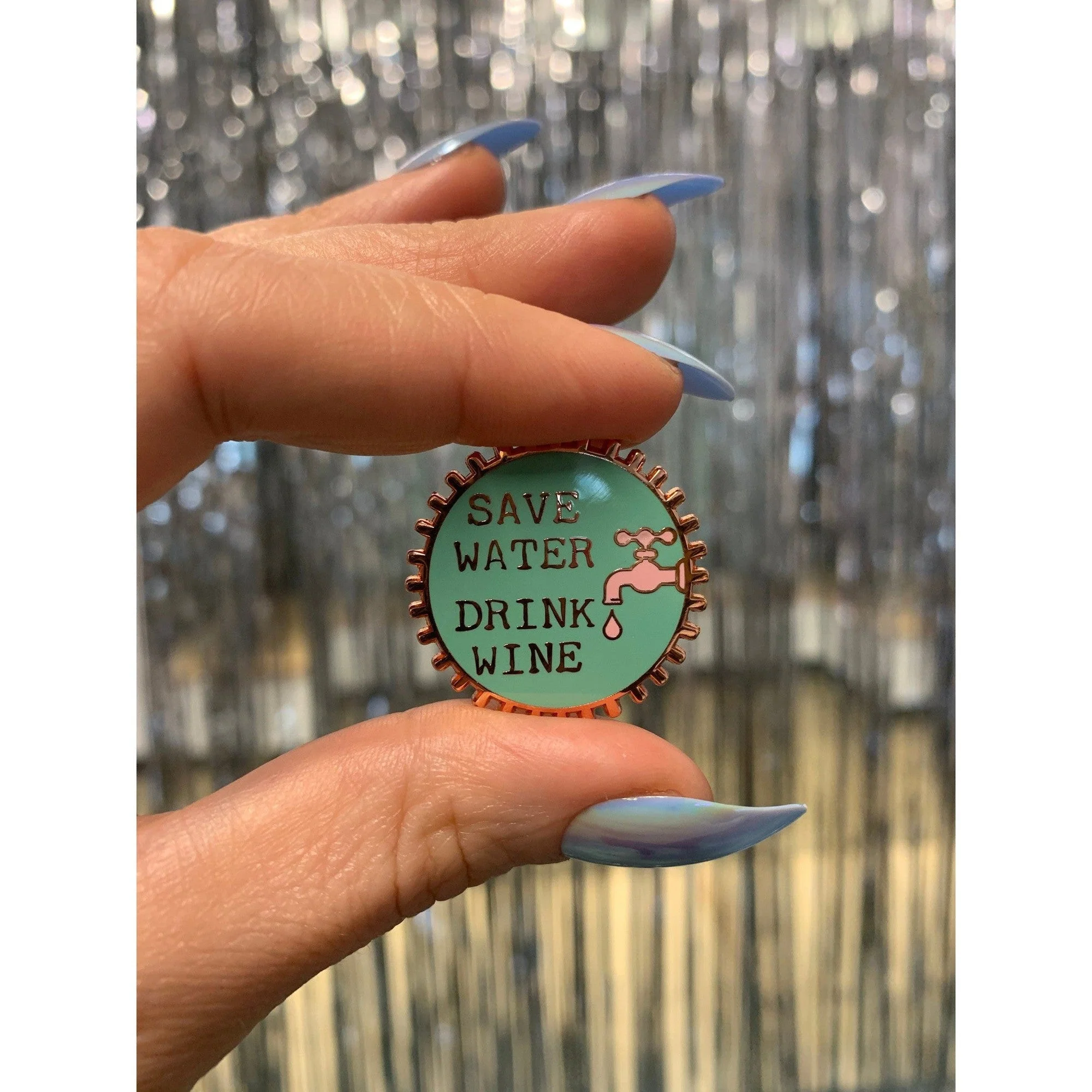 Save Water Drink Wine Pink and Green Enamel Pin on Gift Card - Image 11
