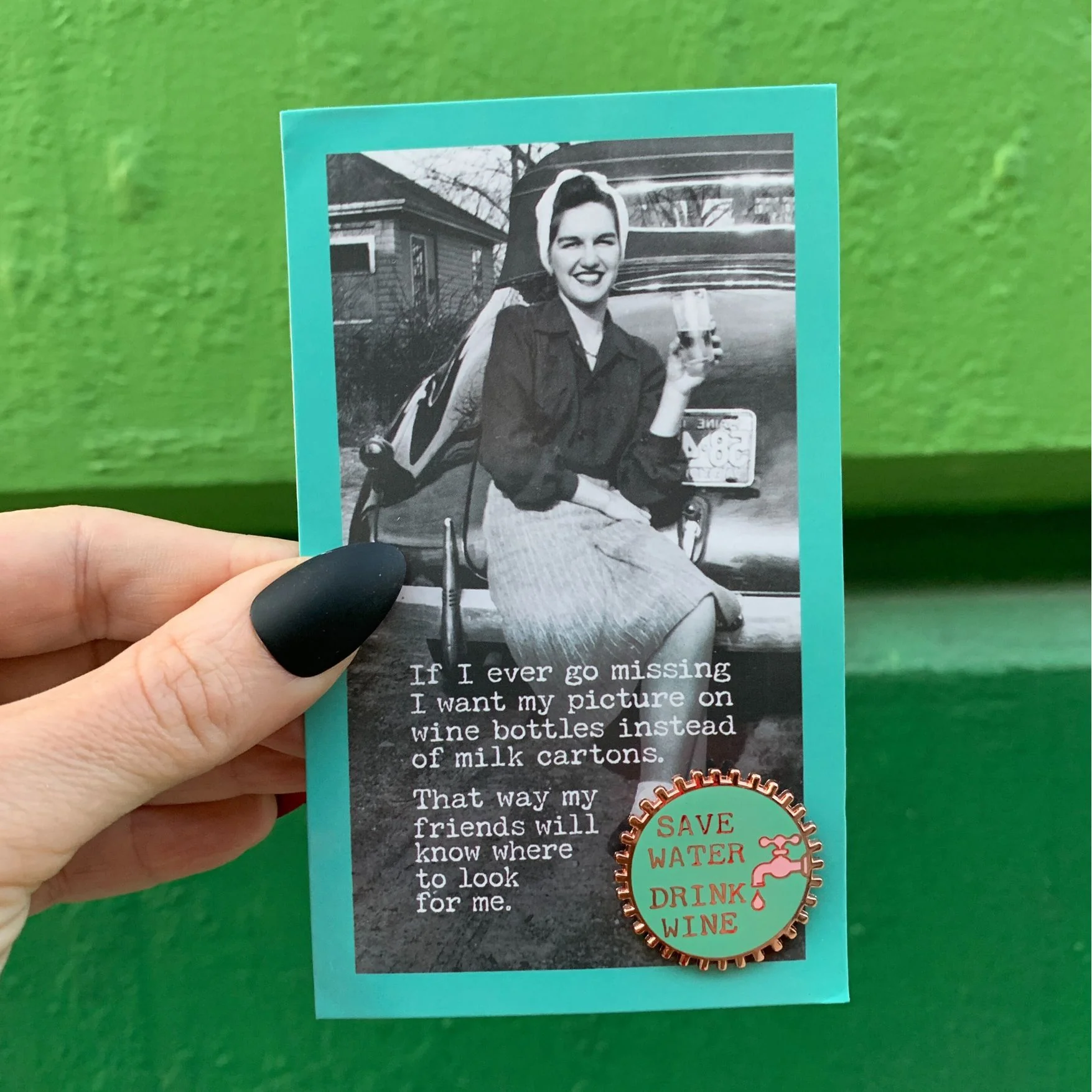 Save Water Drink Wine Pink and Green Enamel Pin on Gift Card - Image 3