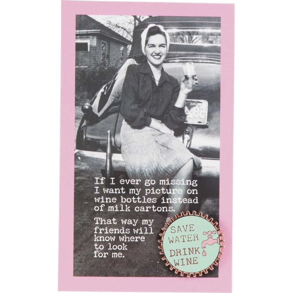 Save Water Drink Wine Pink and Green Enamel Pin on Gift Card - Image 5