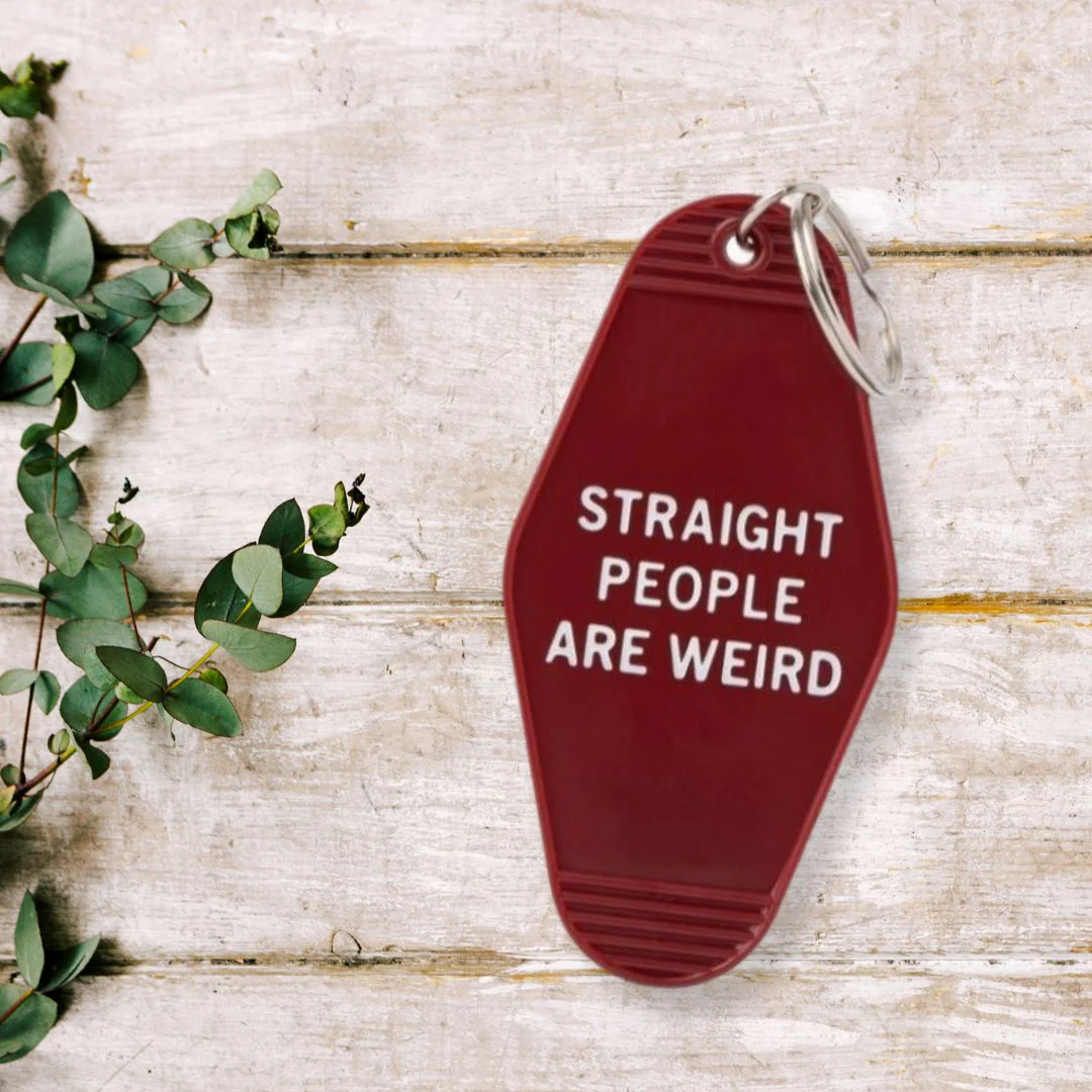 Straight People Are Weird Motel Style Keychain in Dark Red | LGBTQIA Pride Item - Image 6