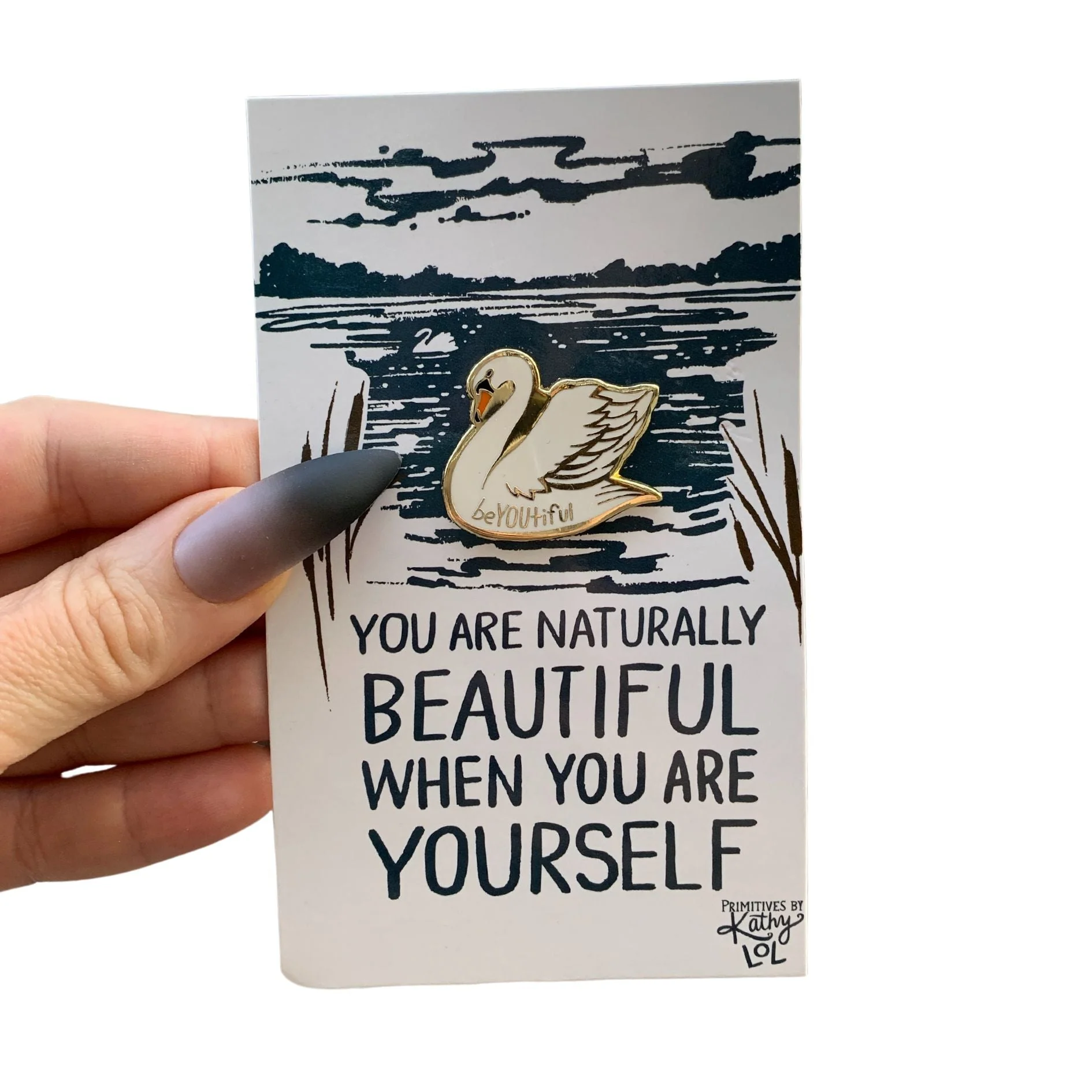 You Are Naturally Beautiful When You Are Yourself Swan Enamel Pin in White and Gold - Image 4
